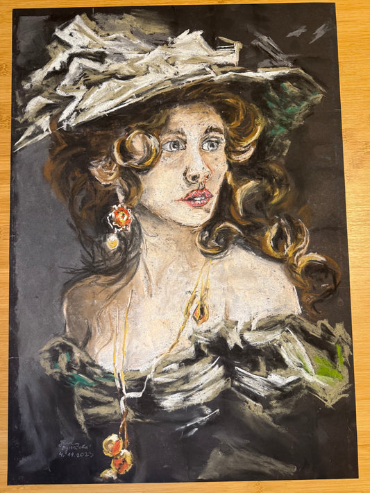 Dáma s kloboukem, suchý pastel na A2 | Jana Bystřická