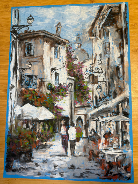 Ulice na jihu Francie, suchý pastel na A2 | Jana Bystřická